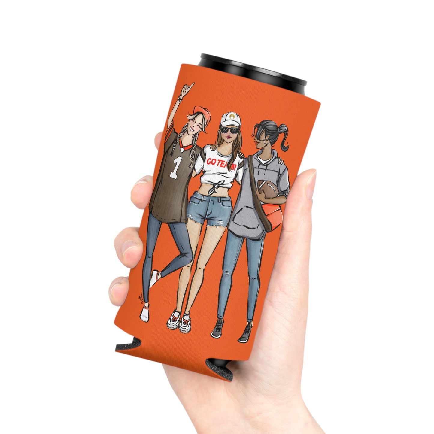 Keepsake Couture Fashion Illustrated Game Day Slim Can Cooler - BROWN & ORANGE TEAMS