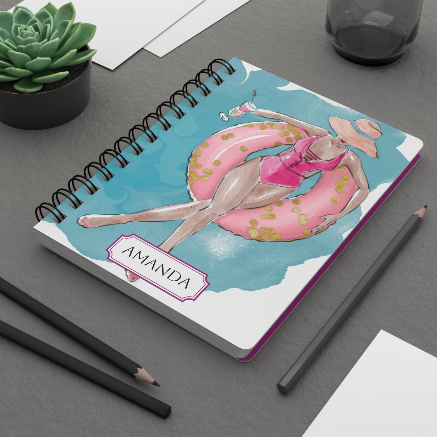 Keepsake Couture Personalizable Cocktail Hour Fashion Illustrated Spiral Bound Notebook Journal