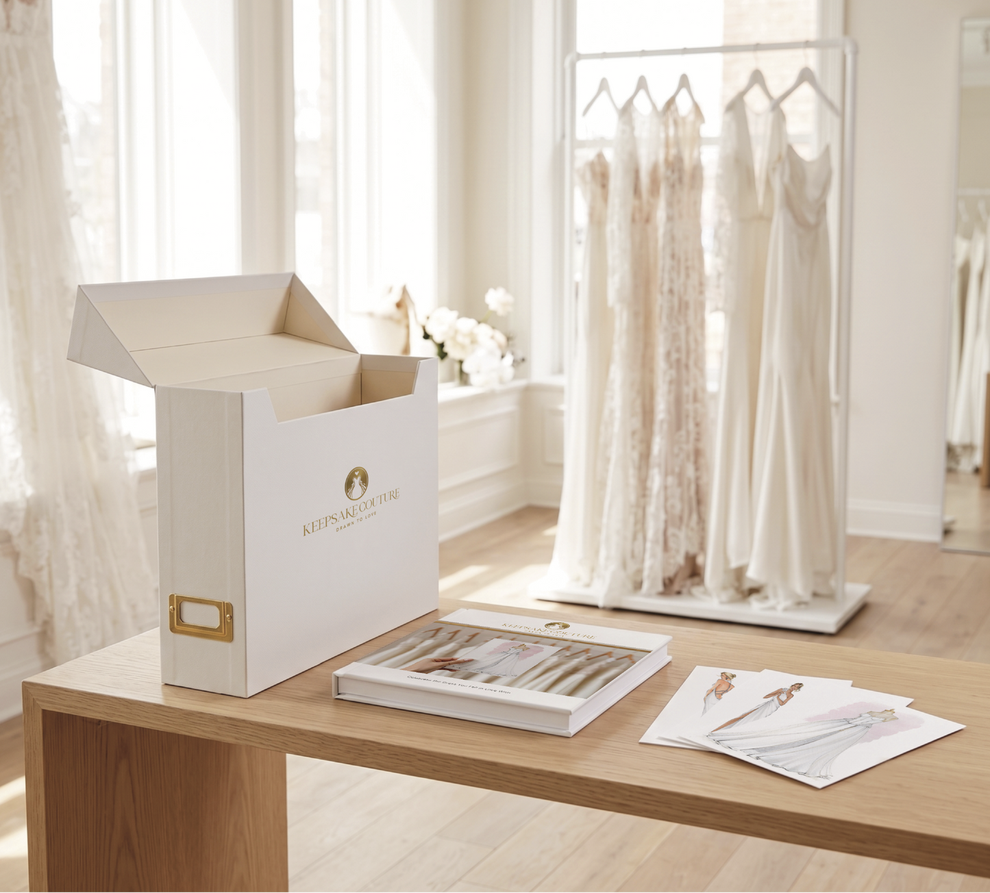 Image of marketing materials on table in bridal salon