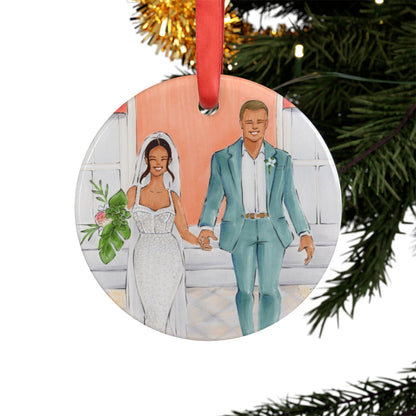 Megan & Nick's Wedding Custom Illustrated Acrylic Ornament with Red Ribbon