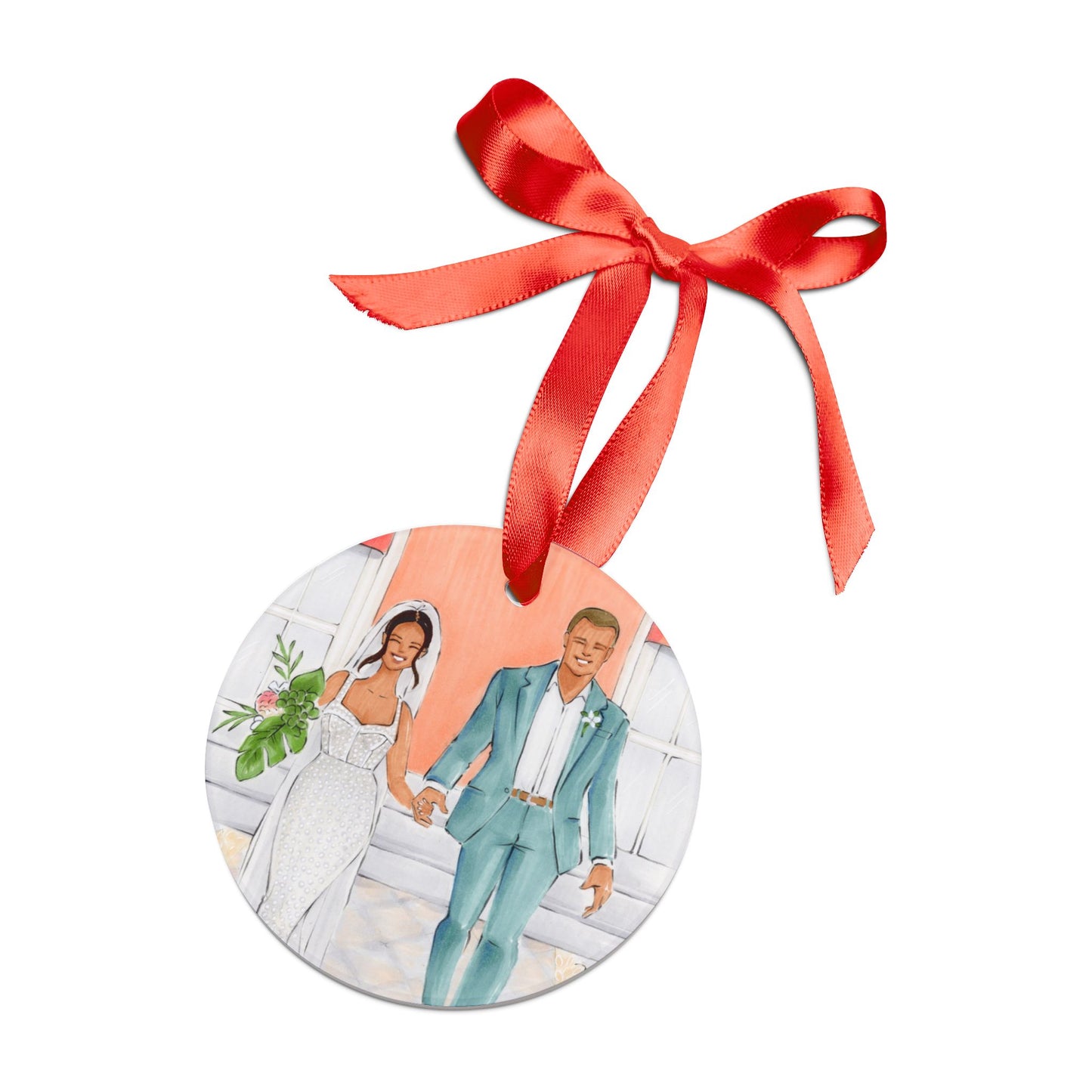 Megan & Nick's Wedding Custom Illustrated Acrylic Ornament with Red Ribbon