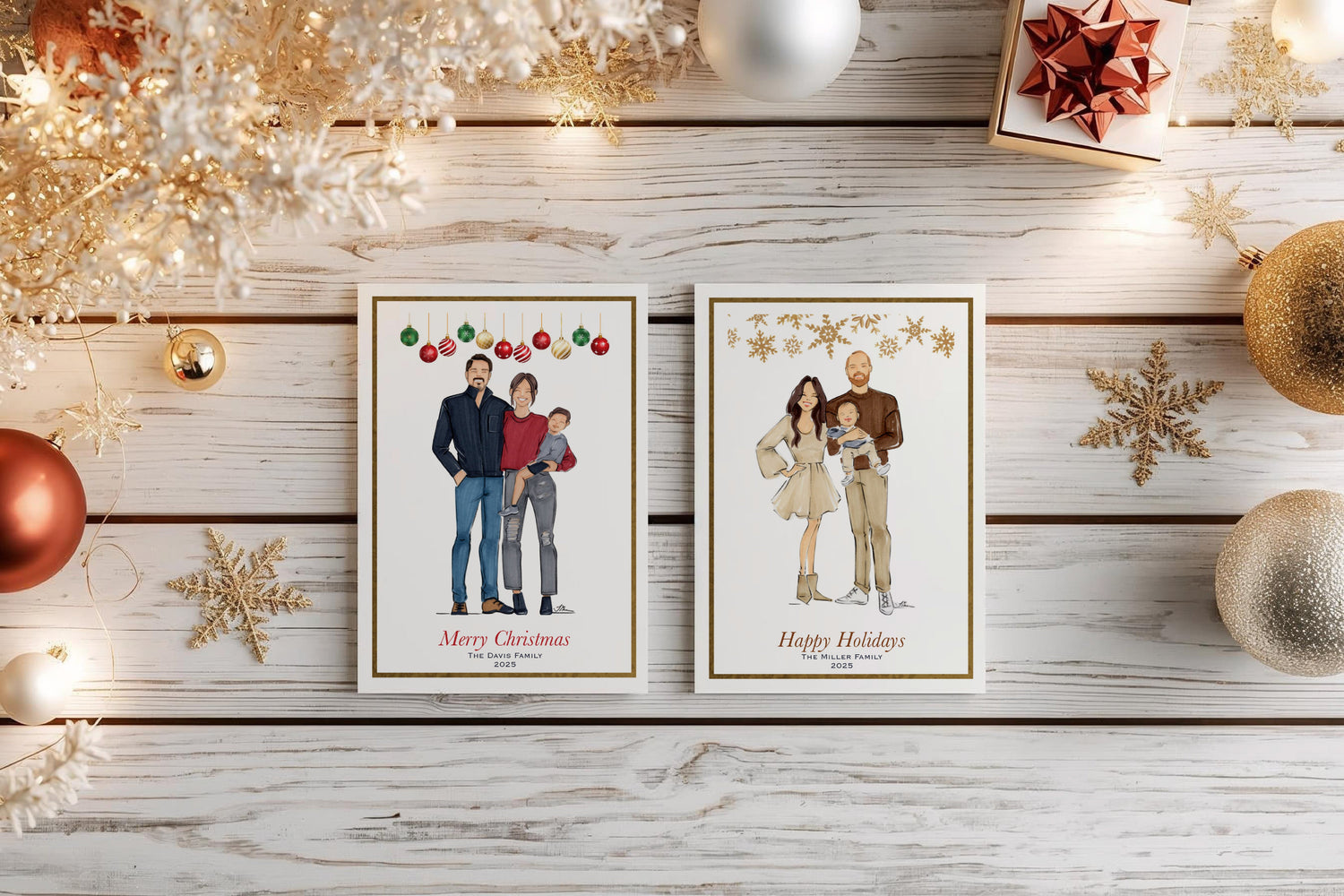 Two unframed family portraits on a wooden surface with Christmas decorations.