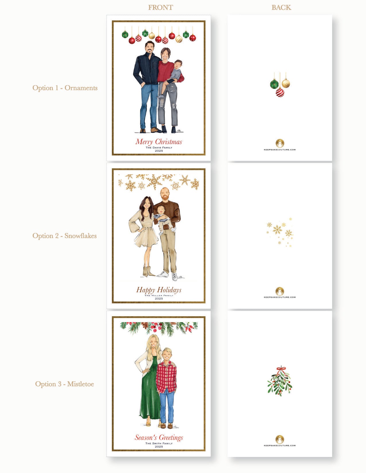 Custom Illustrated Family Holiday Flat Cards w/ Gold Foil Accent