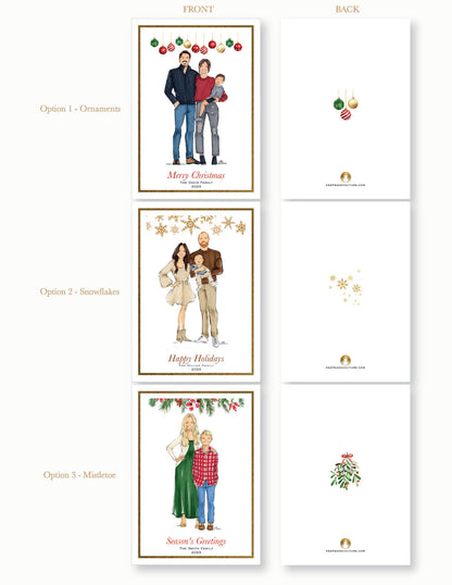 Custom Illustrated Family Holiday Flat Cards w/ Gold Foil Accent