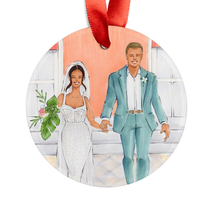 Megan & Nick's Wedding Custom Illustrated Acrylic Ornament with Red Ribbon