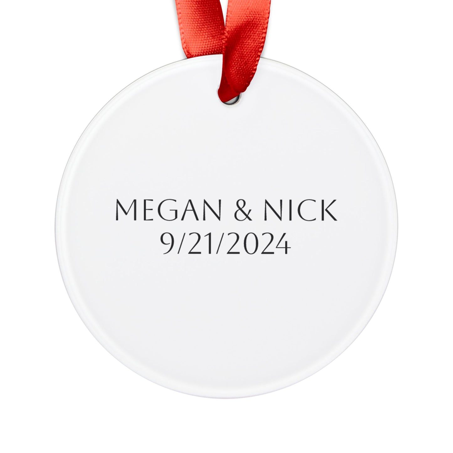 Megan & Nick's Wedding Custom Illustrated Acrylic Ornament with Red Ribbon