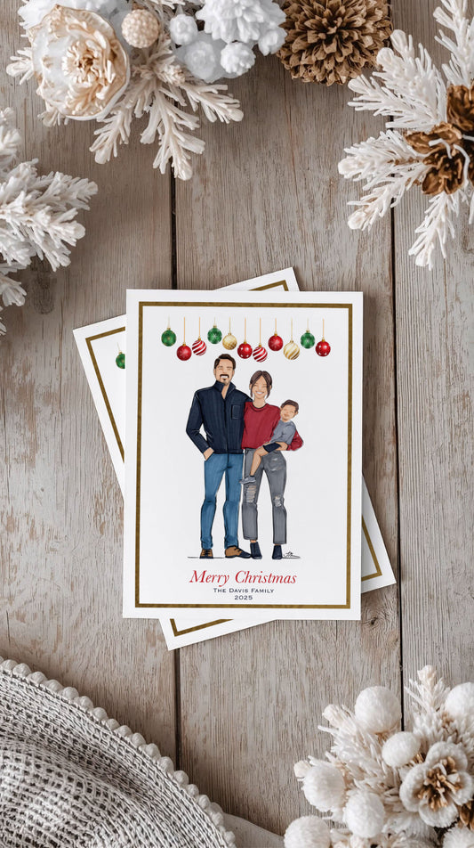 Custom Illustrated Family Holiday Flat Cards w/ Gold Foil Accent