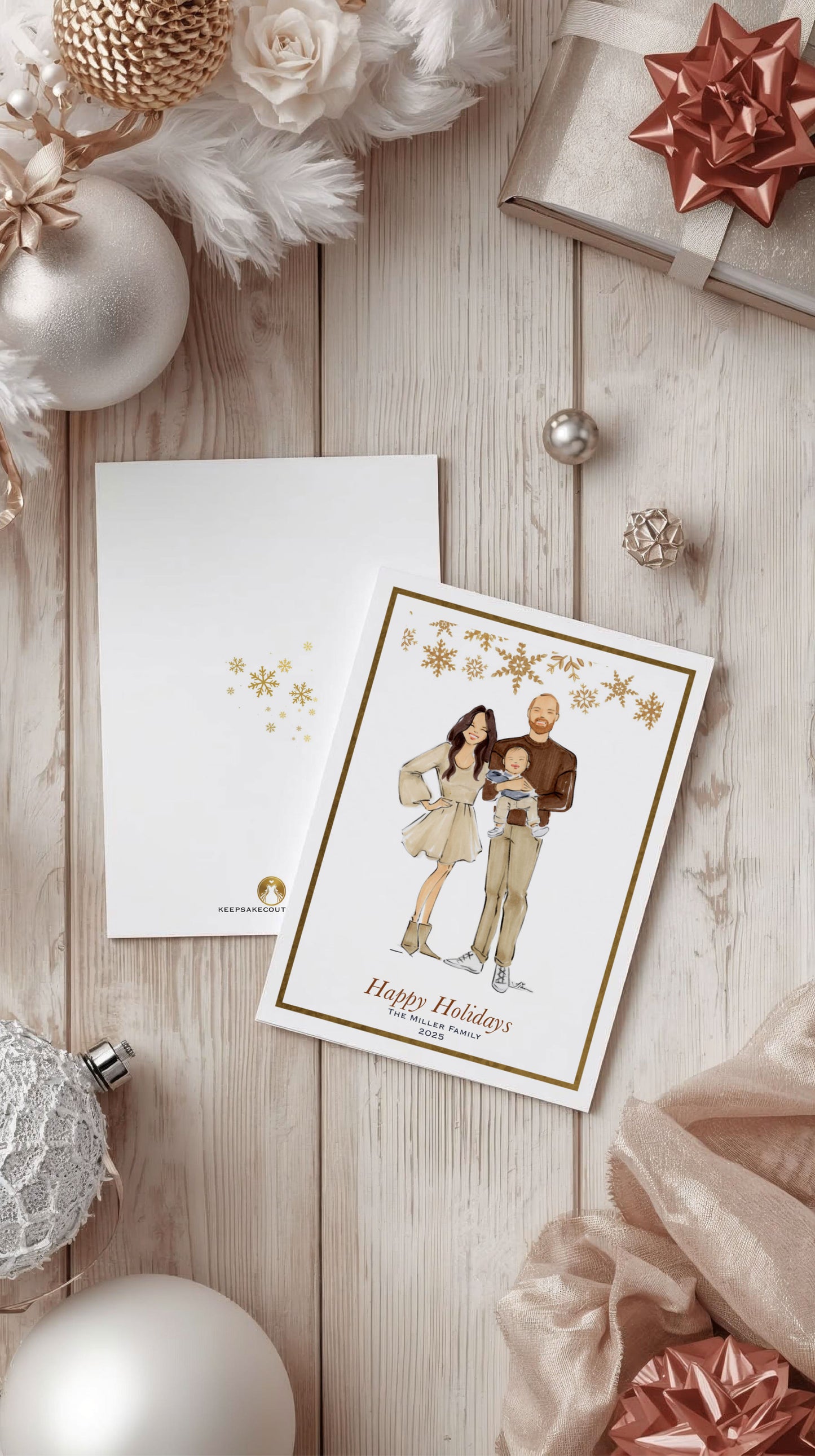 Custom Illustrated Family Holiday Flat Cards w/ Gold Foil Accent