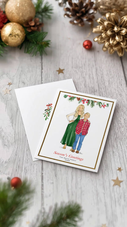Custom Illustrated Family Holiday Flat Cards w/ Gold Foil Accent