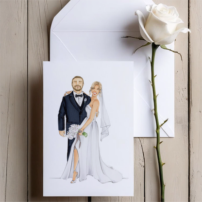 Card with a drawing of a bride and groom, white rose on a wooden surface