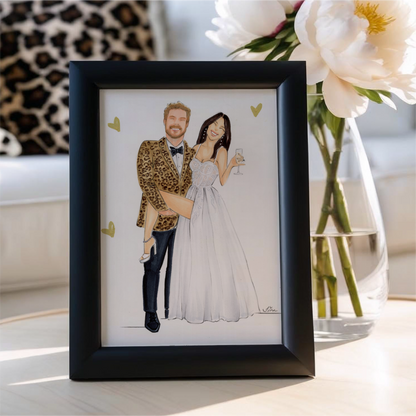Framed illustration of a couple in formal attire with flowers in the background