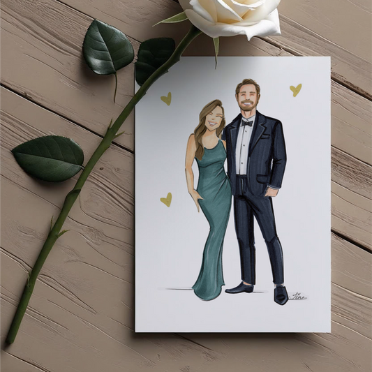 Illustration of a couple in formal attire with a white rose on a wooden surface