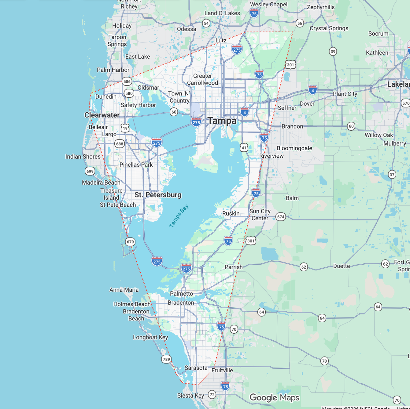 Map of Tampa and surrounding areas with roads and landmarks.