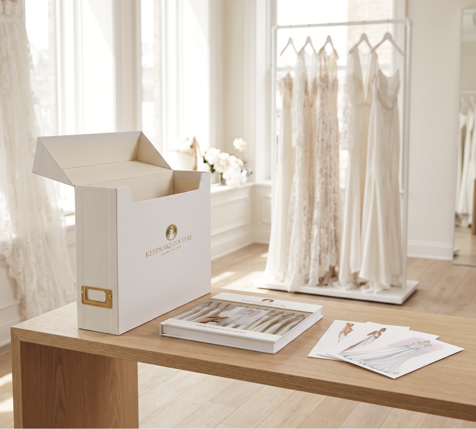 Image of marketing materials on table in bridal salon