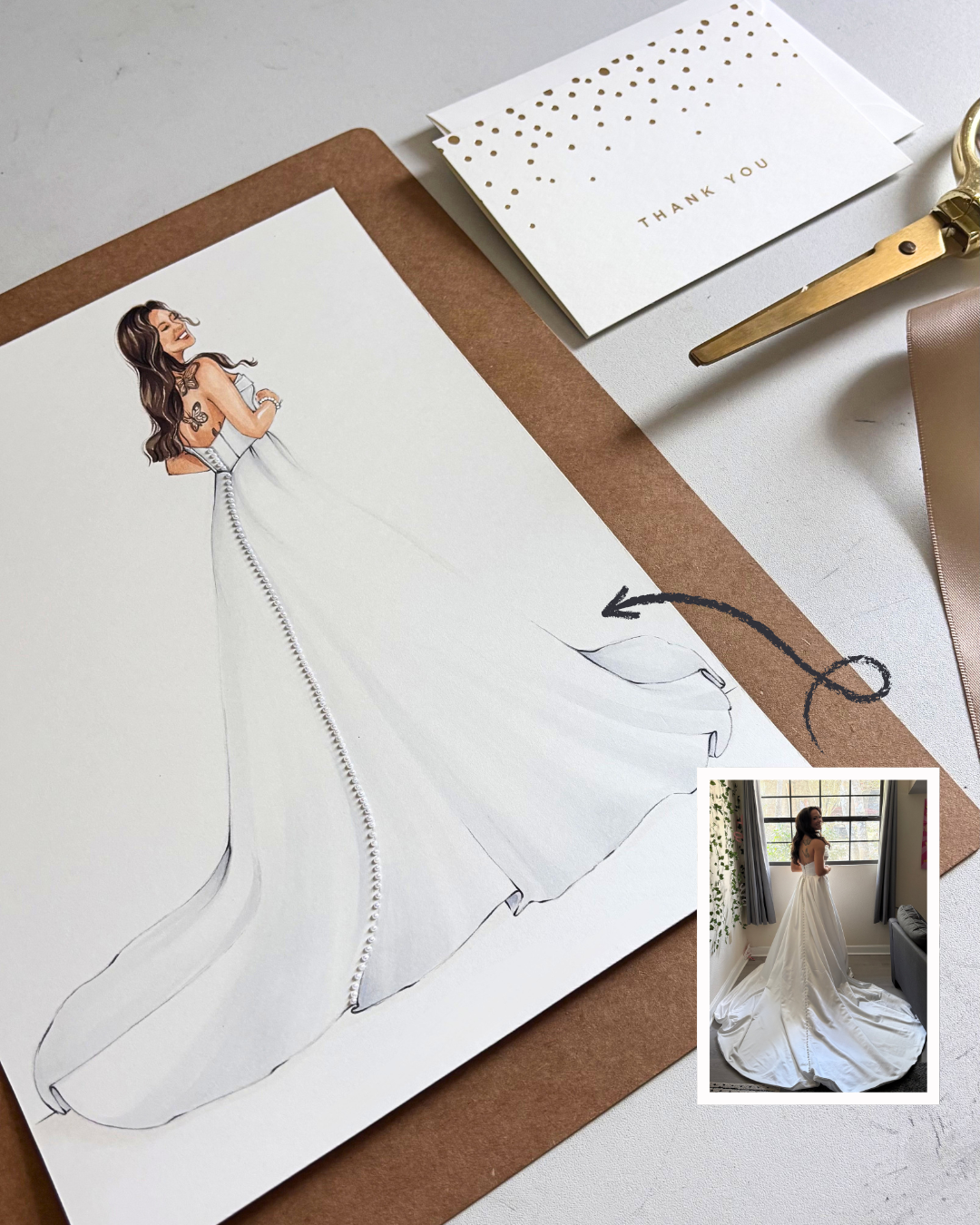 Elegant illustration of bride on white paper shown besides the original photo, along with a thank you card, by Keepsake Couture