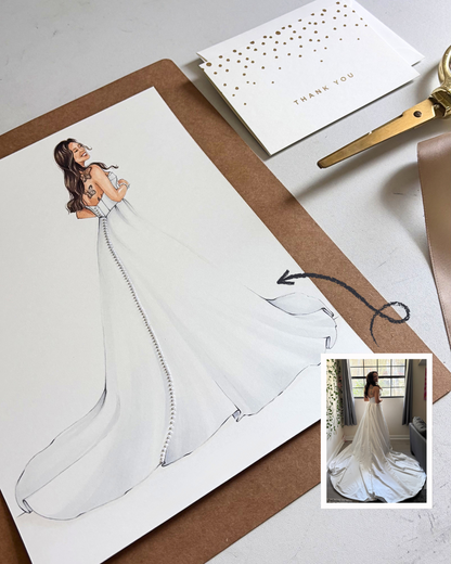 Elegant illustration of bride on white paper shown besides the original photo, along with a thank you card, by Keepsake Couture