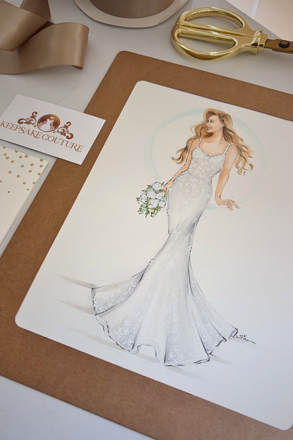 Illustration of a woman in a wedding dress on a card with decorative items around.