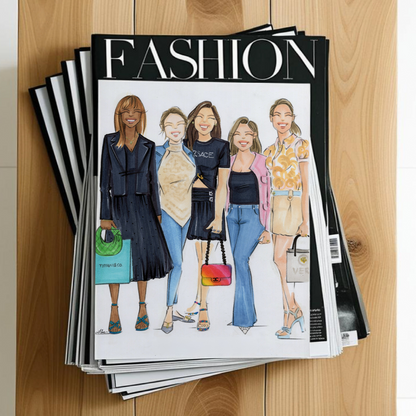 Stack of fashion magazines on a wooden surface with a custom fashion illustration of a group of women laid on top