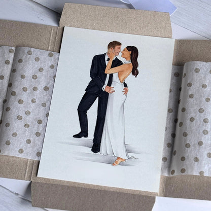 Card with a couple in formal wedding attire on a decorative envelope with polka dot tissue paper