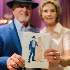 Frame-worthy fashion illustration created for couple during birthday celebration
