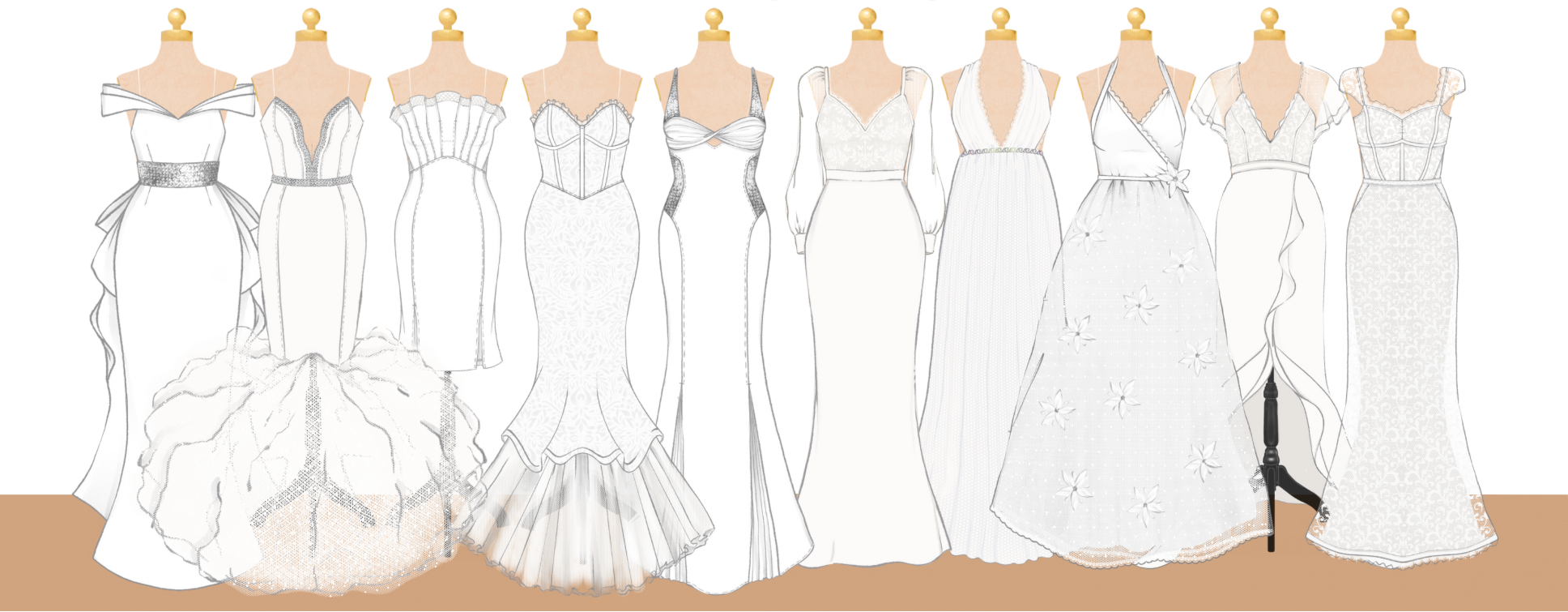 Collection of white wedding gowns sketched on mannequins 