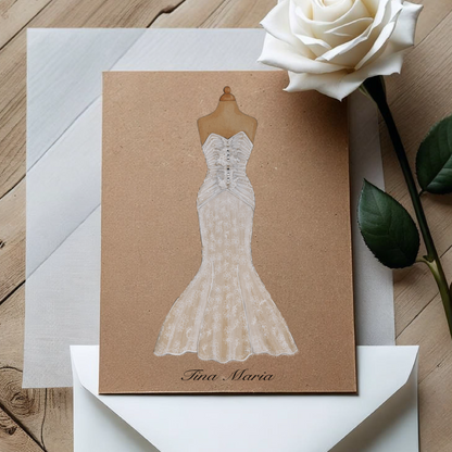 Card with lace wedding dress design on brown paper, white rose, and envelope on wooden surface