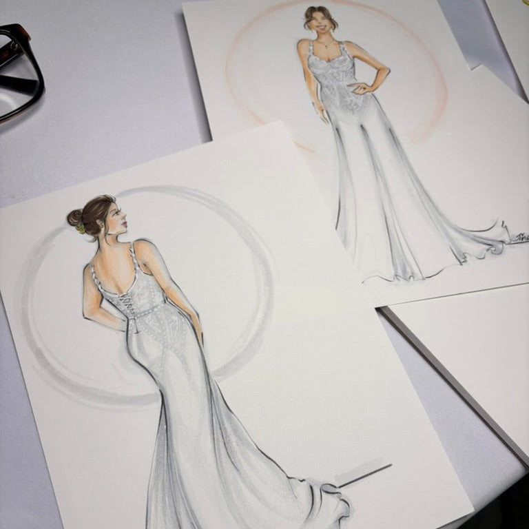 Two sketches of a woman in a formal gown on white paper.