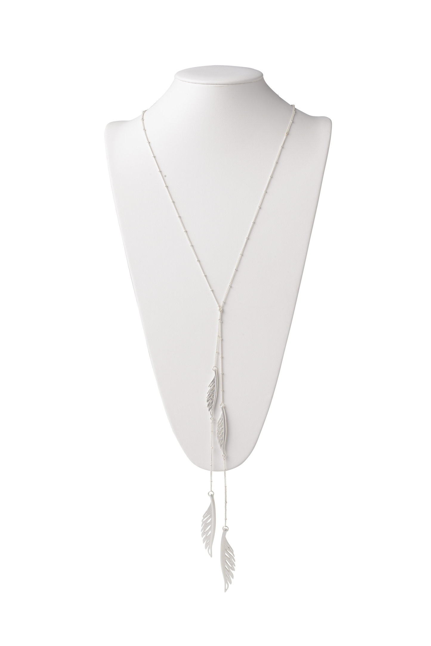 Feather Lariat Necklace in Matte Silver