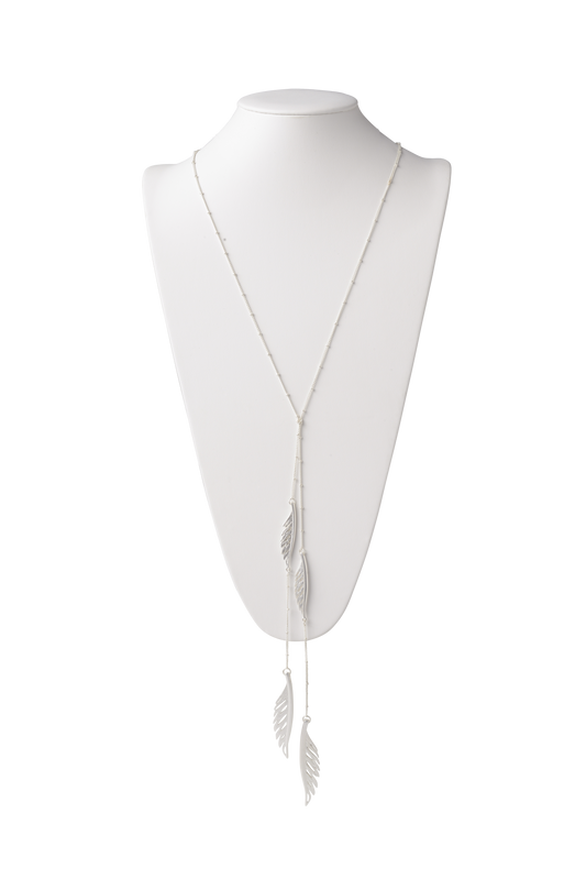 Feather Lariat Necklace in Matte Silver